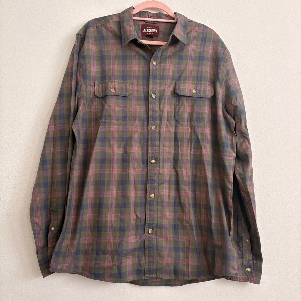 Alesbury Men’s Button Down Olive Green Plaid Shirt L tall